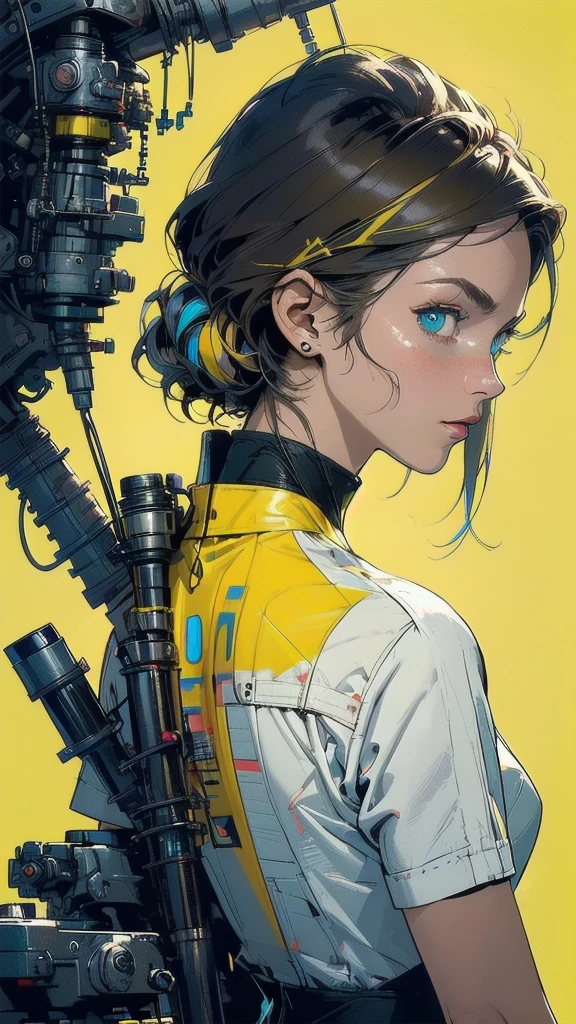(((masterpiece, highest quality))),(((solo:1.2))),(((1girl:1.2))),32k wallpaper, very detailed, poster, vintage science fiction,(((((geometric cinematic movie poster))))), ((bauhaus)),(shape),(((abstract))),(mid century modern),movie poster,(((((portfolio))))),(((((Close-up))))),(((((bust up))))),((((more various angle)))),((((highlight)))),((((heterochromia)))),(((complete. detailed face))),((((Extremely talented)))),(((((most complecated futristic machine))))),(Colorful color scheme),(((detailed unlimited mechanic complete Equipment))),(((Absolutely Bright yellow background))),(((Matte texture background))),(((Beautiful woman looking back)))