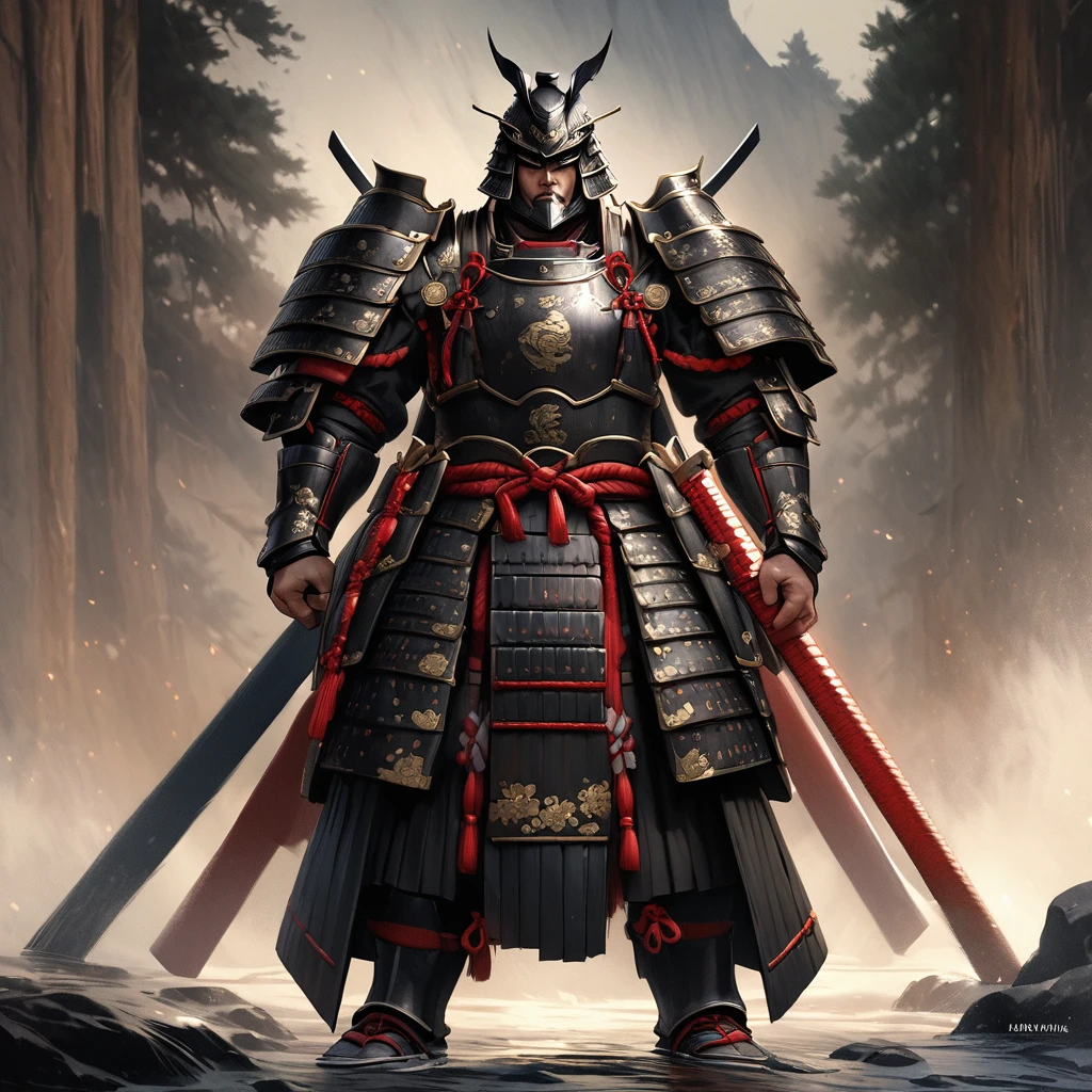"Date Masamune wearing ornate black samurai armor, standing proudly, realistic depiction of traditional Japanese armor, detailed"