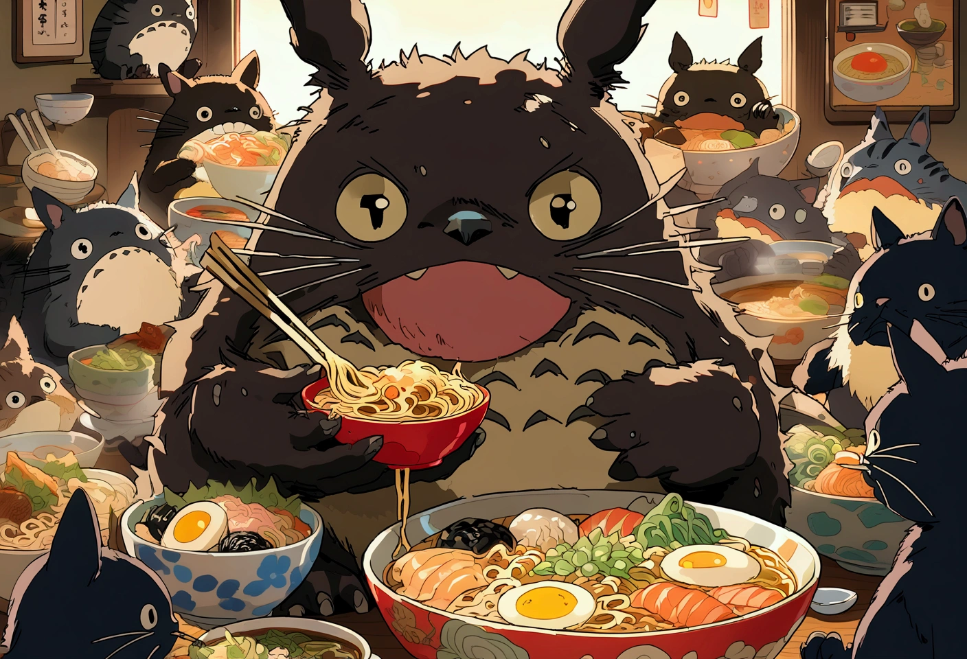 Digital artwork. Totoro eating a bowl of ramen, surrounded by a group of black cats. 
