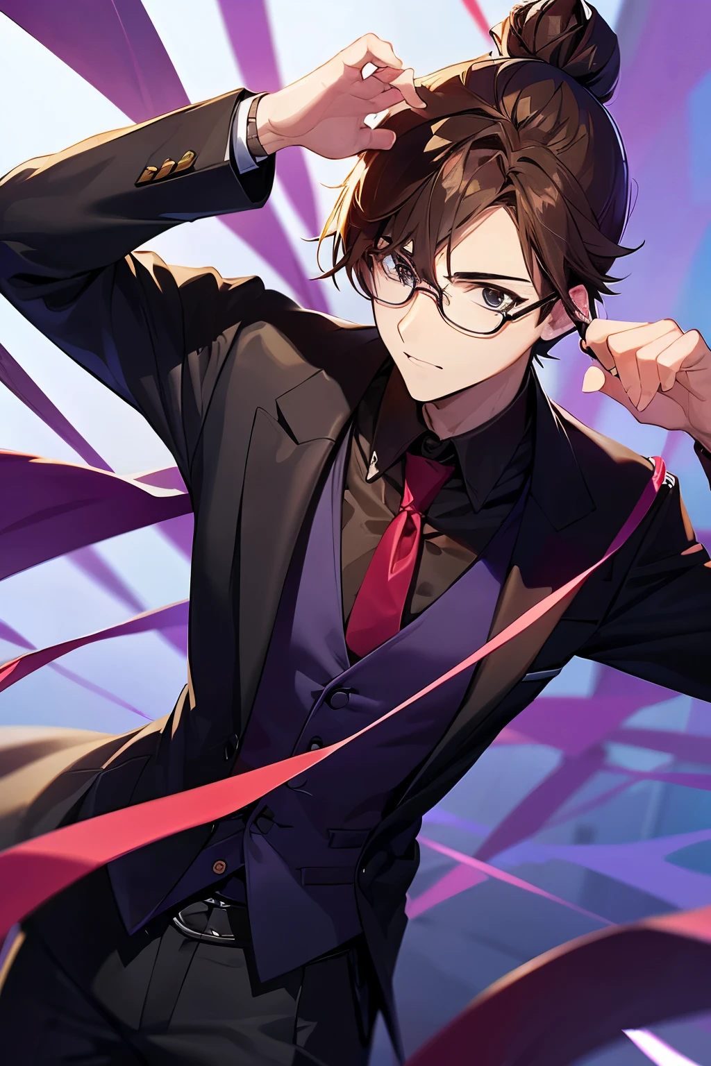 , 16-year-oldaleracteanime character with fair skin and brown hair that is tied in a bun, he wears a black suit with a purple shirt and a red tie, character is elegant and wears glasses