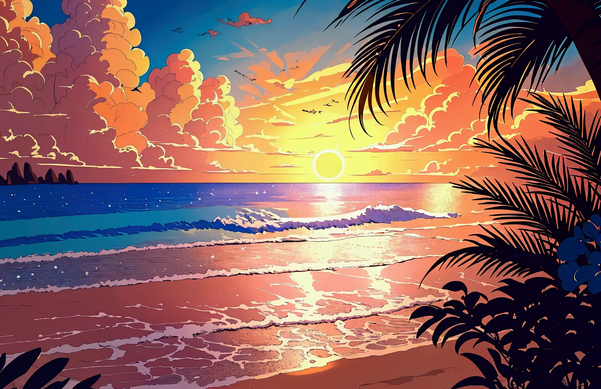 comicasterpiece, best quality, (very detailed CG unified 8k wallpaper) (best quality), (best illustration), (Best shade), Tropical, Evening beach, The sun goes down、ibiza、relax