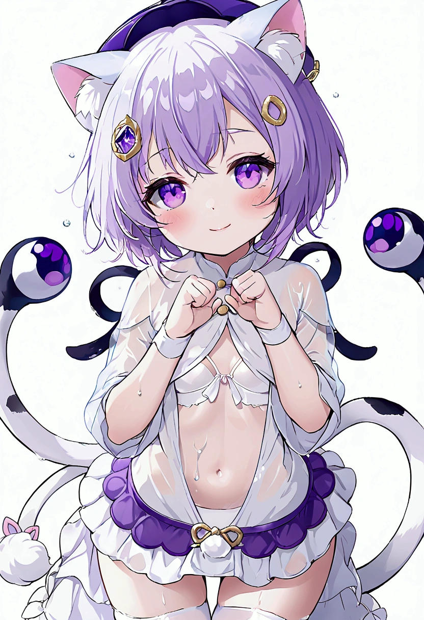 , white shirt, purple eyes (purple eye color) cat ears, beautiful smile, white shirt, mini skirt, white panties, (white color) underwear, white, white stockings, hands gripped, gripped, translucent underwear, wet, flat chest, Cute pussy, 