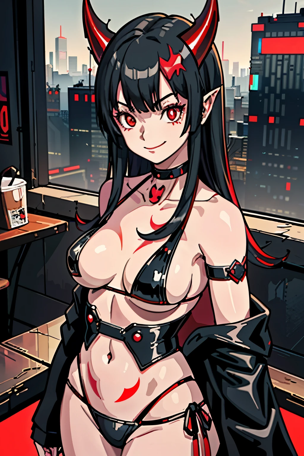 best quality, masterpiece, 1 girl, devil girl, smiling, (red colored skin:1.2), (bright red eyes:1.3), (black devil horns:1.4), long hair with bangs, tattooed body, black and red bikini with cloak, (standing in cyberpunk style cafe:1.3), view of the city from window, (medium breast, under boobs:1.2)