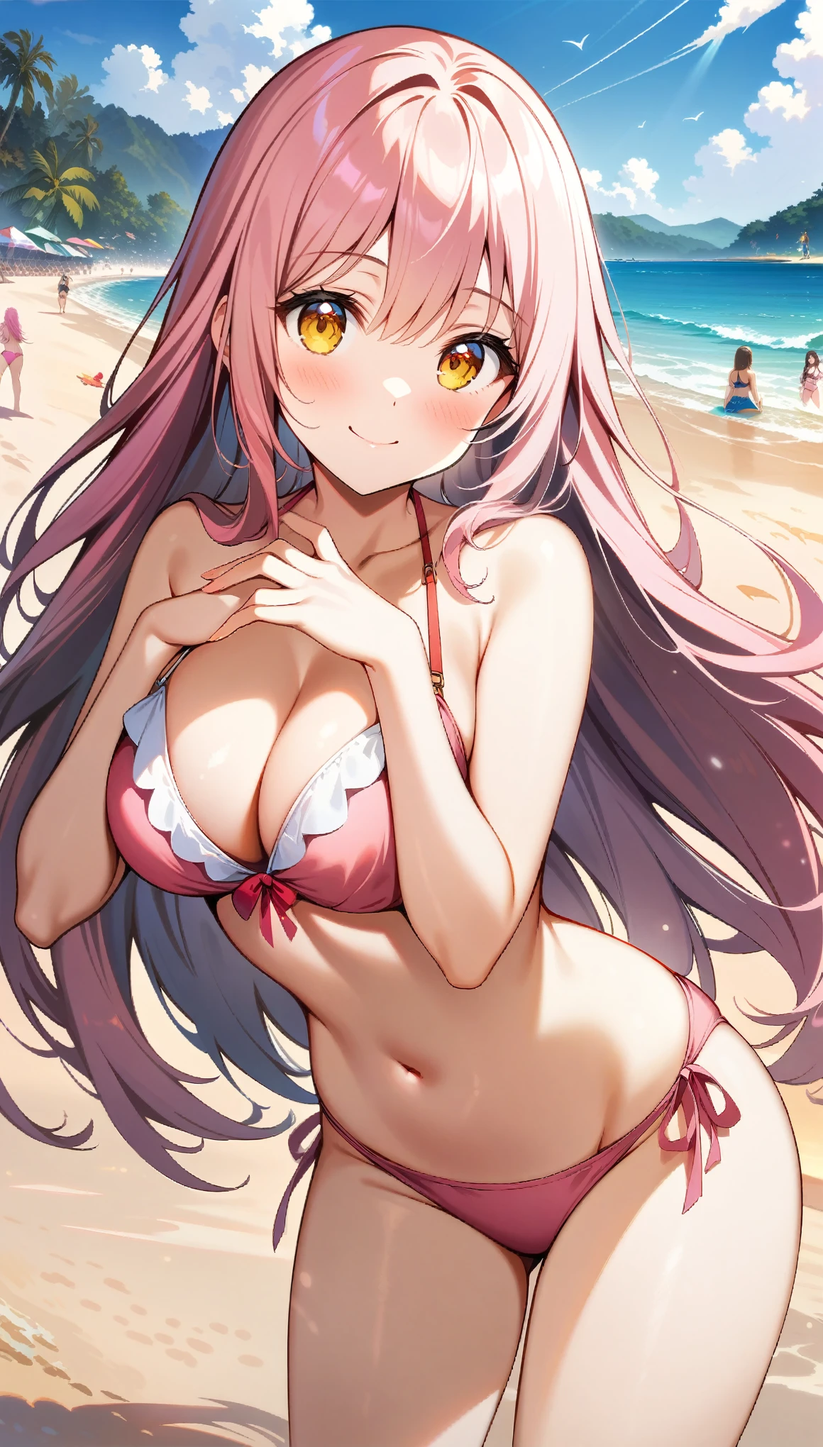 1 girl, long Hair, pink hair, yellow eyes, pink bikini, cute bikini, smile, A beach with lots of people, (((cute pose))), (cowboy shot), ((32K)), ((best quality)), ((ultra high res)), ((HDR)), ((uhd)), ((extremely detailed CG)), ((unity 32K wallpaper)), ((perfect anatomy)), ((illustration)), 