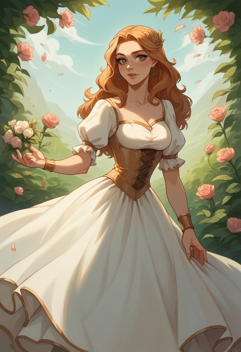 a woman with a flower in her hair, javanese mythology, short puffy pants made of silk, medieval dress yellow ochre, very attractive and beautiful, 2019 trending photo, wearing presidential band, very beautiful and elegant, beautiful symmetric, stately robes, for aaa game, in a photo studio