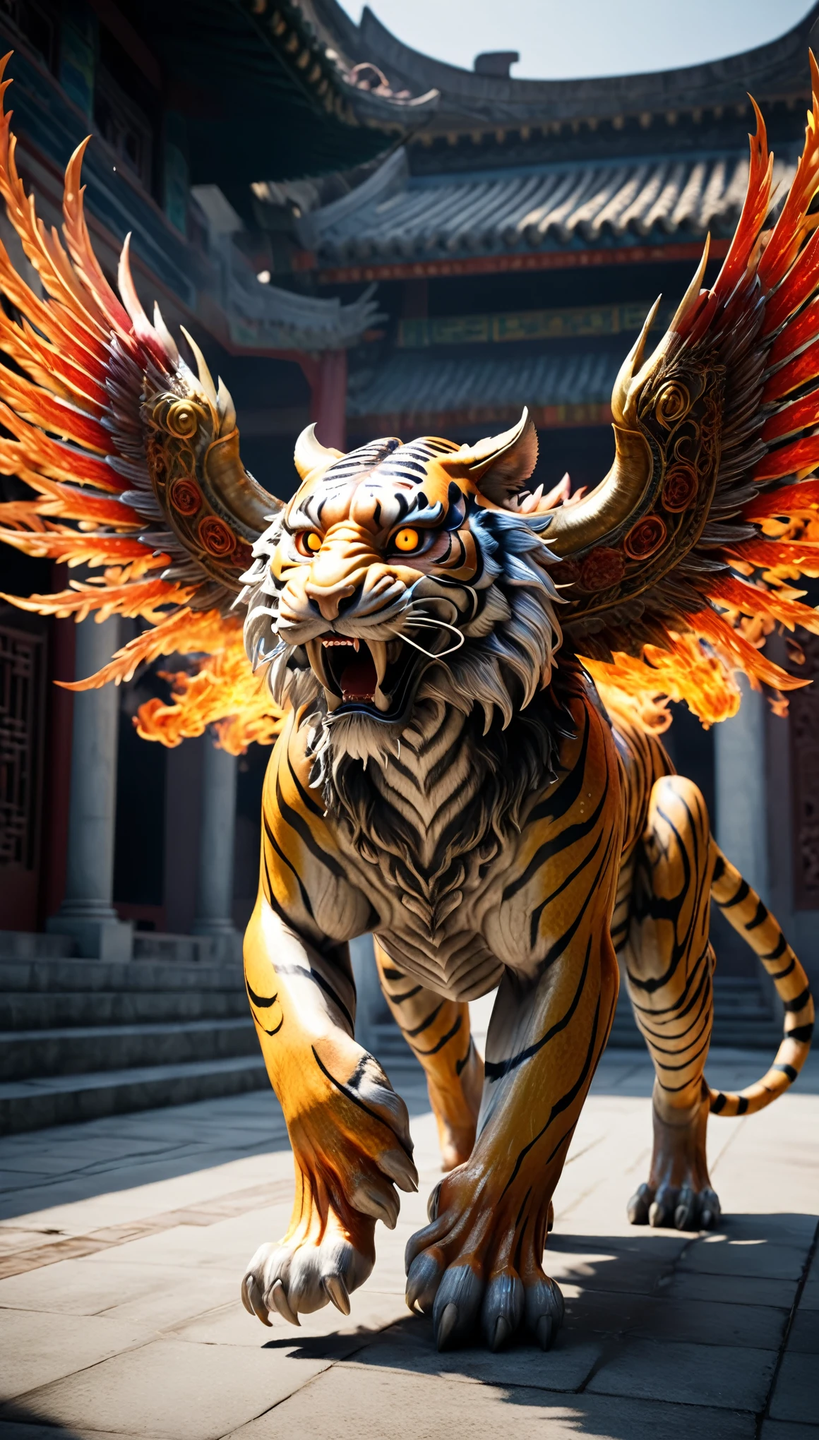 A fierce Chinese mythical beast resembling a tiger with wings on its back, horns on its head, and breathing fire, symbolizing malevolence and danger.
high resolution, Best quality, High Detail, Very detailed, Wide-angle lens, Rotated, Canon, Ray Tracing, photography, 超Realism细节画派, Reality, Realism, 超Realism, Realism, Unreal Engine, 
