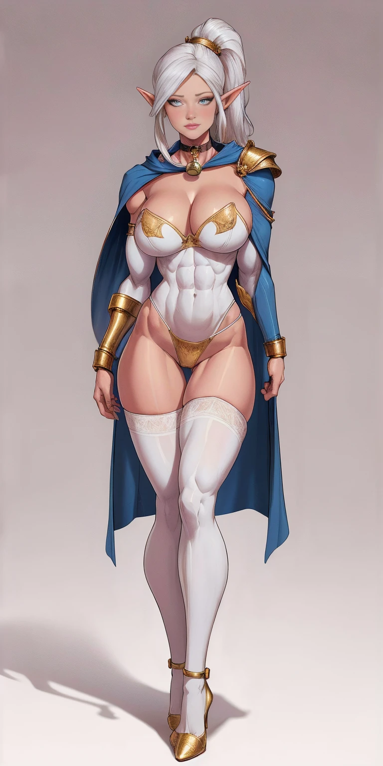 extremely long hair, ponytail, perfect anatomy 1 girl tall solo, slim thick ((muscular)) high elf full body toe to head toned body, silver breast plate, blue cape, slendered abs, hourglass waist, detailed face, defined cheekbones, puffy lips, gauntlets, gold crown, shadow over eyes, looking at viewer, masterpiece, white thigh highs lingerie, high heels, slave metal collar choker neck bell shackles wristbands bracers bracelets sleeves (plain background)