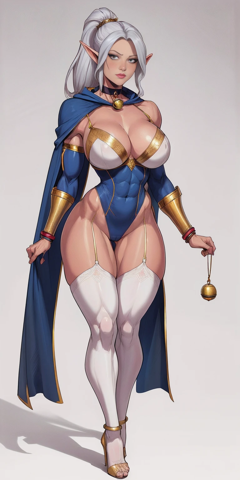 extremely long hair, ponytail, perfect anatomy 1 girl tall solo, slim thick ((muscular)) high elf full body toe to head toned body, silver breast plate, blue cape, slendered abs, hourglass waist, detailed face, defined cheekbones, puffy lips, gauntlets, gold crown, shadow over eyes, looking at viewer, masterpiece, white thigh highs lingerie, high heels, slave metal collar choker neck bell shackles wristbands bracers bracelets sleeves (plain background)