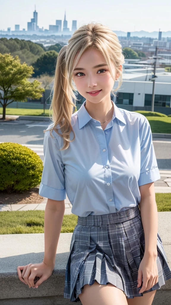 (masterpiece:1.3, highest quality, Ultra-high resolution, Super detailed), (Realistic:1.1, photoRealistic:1.4), Beautiful illustrations, Perfect lighting, colorful, Depth of written boundary, Beautiful detailed hair, Beautifully detailed face, Beautiful fine details, Beautiful clavicle, Beautiful body, Beautiful breasts, Beautiful thighs, Beautiful feet, Beautiful fingers, View your viewers, 1 girl, Japanese, high school girl, Perfect Face, (Perfect Anatomy, Anatomically correct), Cute and symmetrical face, Baby Face, Sunburn, Shiny skin, (Middle Hair:1.5, Twin tails:1.2, Blonde), Asymmetrical bangs, blue eyes, Long Eyelashes, (Medium chest), thin, ((Collared short-sleeved shirt, Light blue shirt, , Grey plaid pleated skirt, Navy them)), No panties, (Beautiful views), evening, (Outdoor, distant cityscape), Are standing, (peace sign), (Cute smile, Cheek blush、Upward glance, Open your mouth), (Opening a girl&#39;s pussy:1.3), Occasionally crouches:1.2,Stick your finger in pussy:1.5,((A large amount of pee is sprayed from the vagina)),((Very small, young face and chest)),(Cleavage:1),(very small and flat chest:1.5),