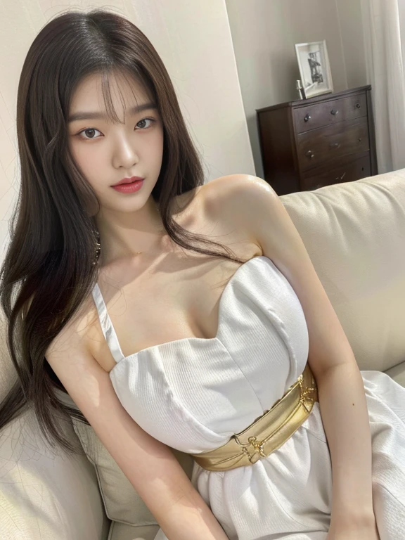 a close-up of a woman sitting on a sofa wearing a white dress with purple eyes, gorgeous young korean woman, beautiful Asian girl, beautiful south korean woman, korean girl, beautiful young korean woman, good young girl, Asian girl, korean woman, beautiful asian woman, lovely woman, beautiful chinese model, attractive girl, young Asian girl, young and cute girl, an asian woman, Having very marked curves, with greater volume in ((hips and breasts)), which makes the waist look much smaller ((wasp waist)).