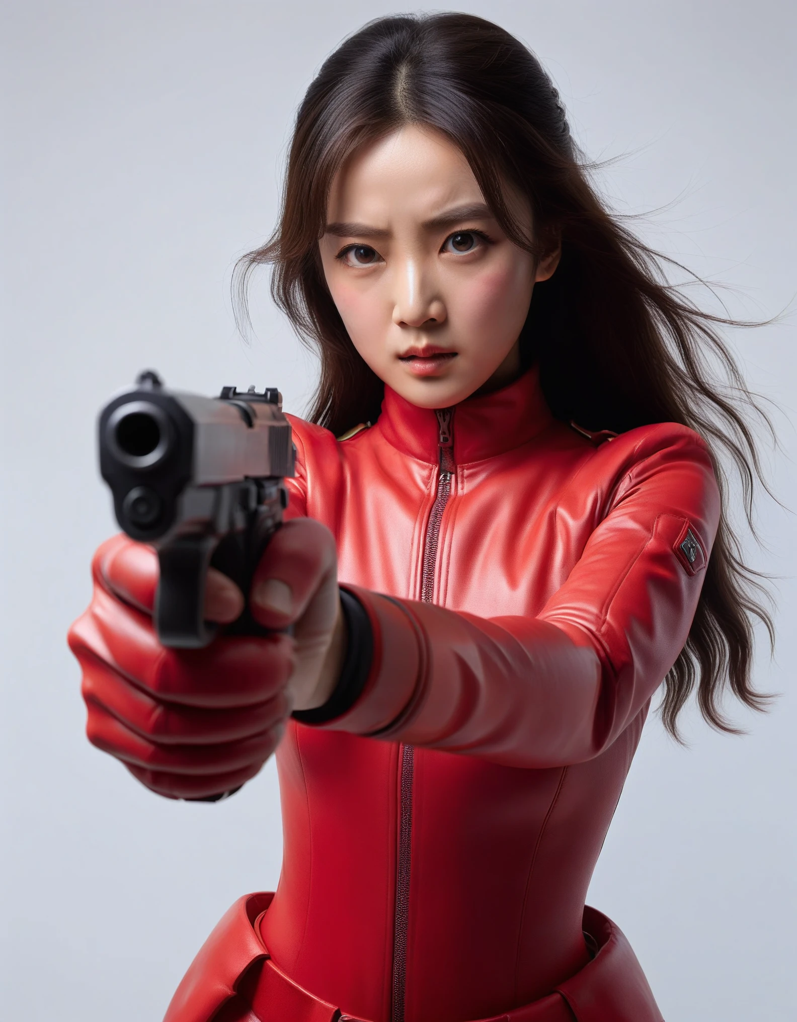 One Woman、Wearing a red combat suit、Pointing a gun at the viewer、Hold the pistol in both hands、Being pursued by the enemy、Precise facial structure、Long Hair、Sweat is running down my forehead、fear、Heavy breathing、The moment of the shooting、high resolution、high quality、Elaborate human body structure、Five fingers on a hand、Smoke is rising、Dust is flying、