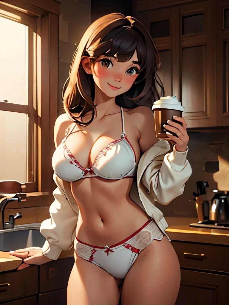 ((masterpiece)), ((best quality)), (ultra-detailed), ((cinematic light)), ((extremely detailed)), (8K), girl in a bikini with a cup of coffee, seductive, 1girl, solo, 24 years old, long brown hair, bangs, brown eyes, (smile), blush, (white lingerie), huge breasts, cleavage, navel, open green jacket, holding a cup of coffee, kitchen, detailed background
