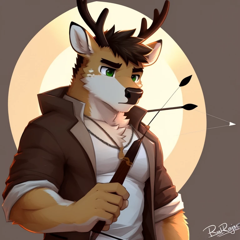 (masterpiece, Best Quality:1.2), Alone, focused, deer, detailed face, detailed body, toned body, muscled body, 5 fingers, Detailed hands, green eyes, detailed eyes, short hair same coat color, 2 arms, bow and arrow, bow stringing, in focus, light colored flat background, background with figures, one color background, por pache riggs