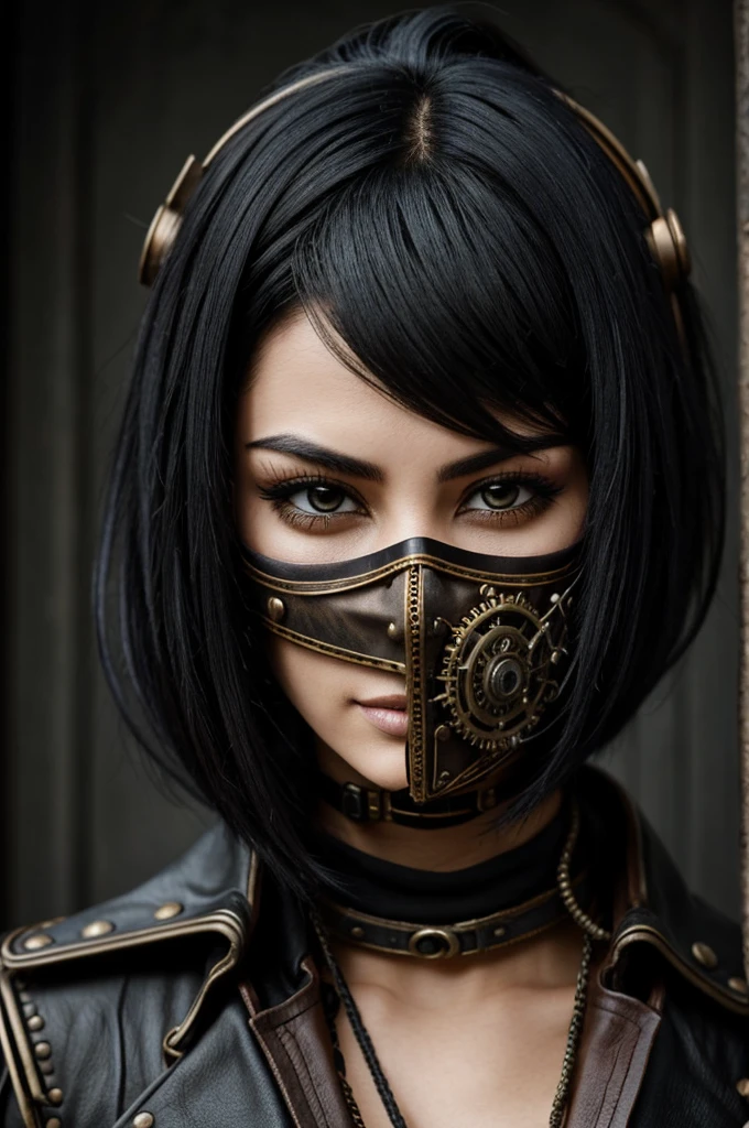 Portrait picture of character with black hair and iconic mask covering their face except a chipped part of it revealing the characters eye, clothes are based of steampunk.