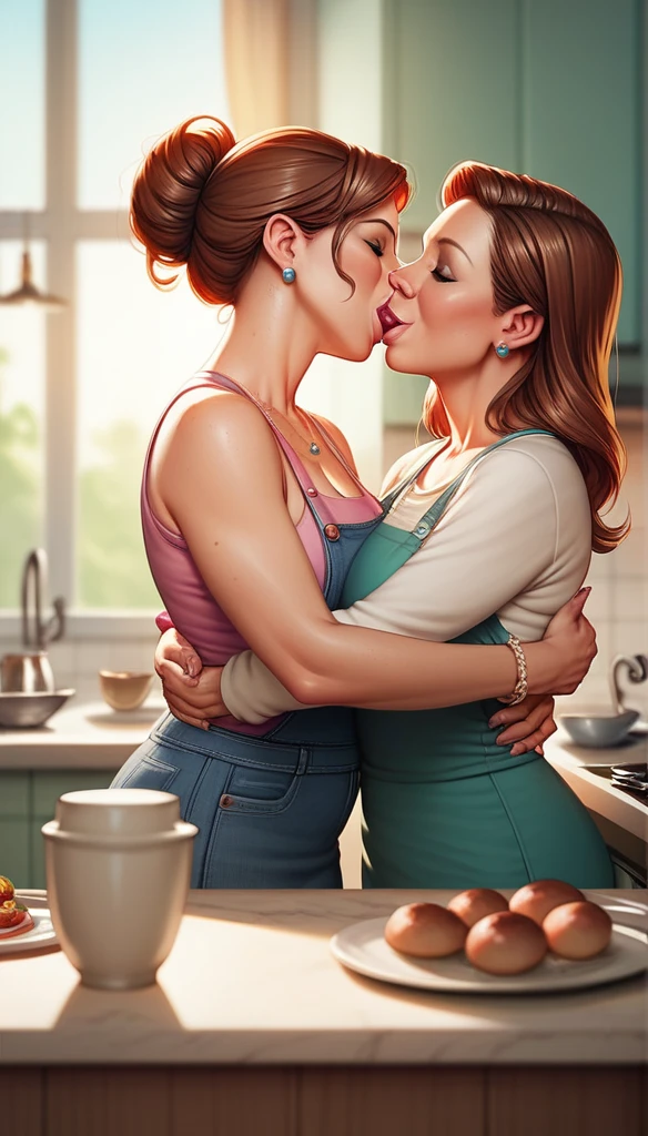 score_9, score_8_up, score_7_up, , 2girl, mature female, mother and daughter, kid, hug, kiss, on a kitchen table,