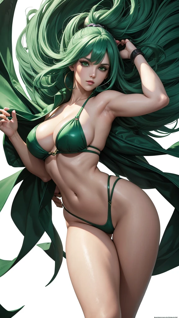 best qualityer, work of art, ultra-high resolution, White background, realisitic, fully body, Morrigan drawing from Capcom, Brunetette, Long light green hair, greeneyes.