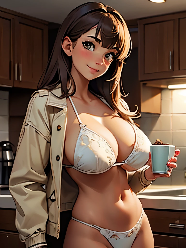 ((masterpiece)), ((best quality)), (ultra-detailed), ((cinematic light)), ((extremely detailed)), (8K), girl in a bikini with a cup of coffee, seductive, 1girl, solo, 24 years old, long brown hair, bangs, brown eyes, (smile), blush, (white lingerie), huge breasts, cleavage, navel, open green jacket, holding a cup of coffee, kitchen, detailed background
