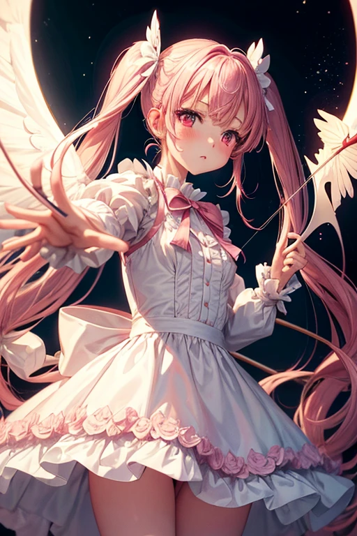 One Girl,Long sleeve,White Lolita Dress,One-piece with big ribbon,Angel,Cupid,long,Pale pink twin tails,big tail,Deep pink eyes,blush,Grim expression,Small ,I have a bow and arrow,Shooting a bow and arrow,Red full moon