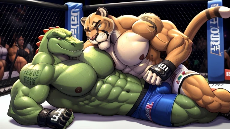 Duo male(Green Gator vs Cougar, handsomes, handsome hairstyle, tails, Thick eyebrows, detailed face), gay(Clinch embraced, pined body with body on the ground, cuddling foreheads, on a UFC match), hot(Shirtless), handsomes(They are handsomes, correct anatomy), musculosos(Big muscle bodies, Six packs, muscle abs, big pecs, muscle backs, muscle legs), sweaty(very sweaty wet bodies, shiny sweat), tatuajes(they have tattoos), grumpy(Both have an grumpy expression, grumpy teeths, steaming breath), UFC gloves(They both are wearing UFC gloves), UFC boxers(they both are wearing ufc boxers), Hight resolution, by(Zourik:1.1)