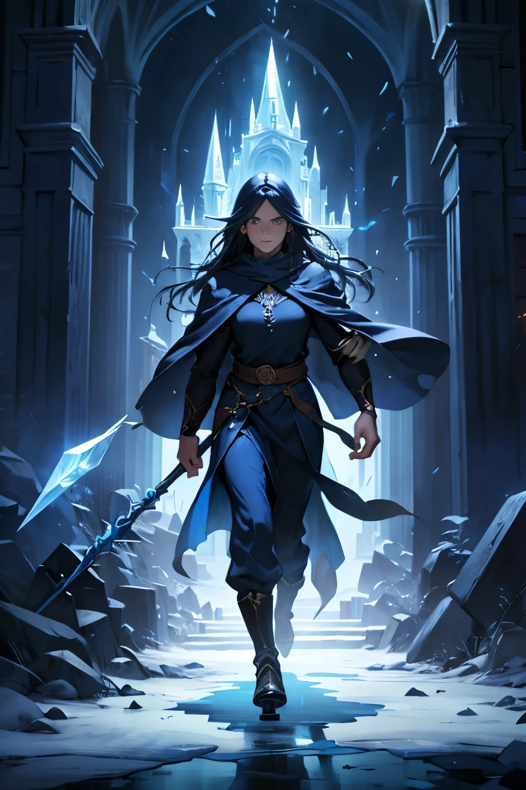 powerful wizard, dark blue clothes, wooden staff with a sapphire on the tip, glowing eyes, conjuring large blocks of ice, movie scene, action, full body,