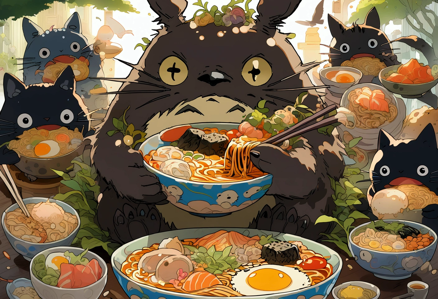 Digital Anime artwork. Totoro eating a bowl of ramen, surrounded by a group of black cats. Highly detailed