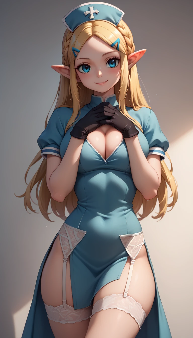 High resolution, Very detailed, perfect lighting, beautiful detailed eyes, ((masterpiece,Best Quality)), absurdities, alone, princess zelda, by the width, crown braid, Hair clip, pointy ears, navy blue one piece fitted nurse costume,navy blue fitted nurse costume, Gloves without fingers, black gloves, sexy garter belt, sexy garter belt, smile, curves, nod, , deep neckline, deep neckline, touching his chest in a sexy way, touching his chest in a sexy way