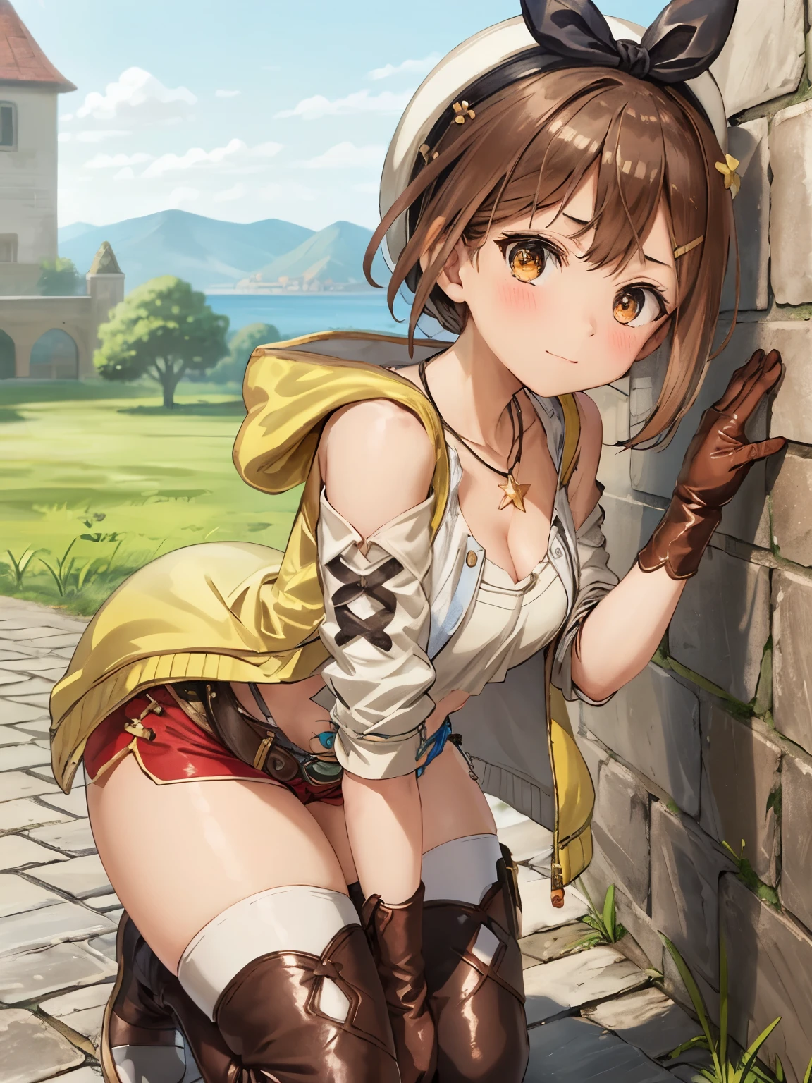 (Squat down and spread your legs:1.2), riser, 1 girl, alone, ((blush:1.2)), Shorts, gloves, Belt bag, have, Head Ribbon, jewelry, red shorts, Brown Hair, Thighs Thighs Thighs, short Shorts, Bridal Legwear, necklace, Brown eyes, One-handed gloves, hair ornaments, Valletta, star necklace, Closed-toe footwear, leather, star (symbol), White Hat, Brown gloves, Knee-high boots, short hair, Thighs Thighs Thighs, leather Belt, Tea belt, leather gloves, Jacket, Blue Belt, belly button, Thigh-high boots, Sleeveless Jacket, Thigh pouch, White thighs, clavicle, Jacket, Brown shoes, Cleavage, Huge breasts, Big Breasts, Outdoor, Visible even from the top of clothes, (thin legs: 1.5), (small butt: 1.3)