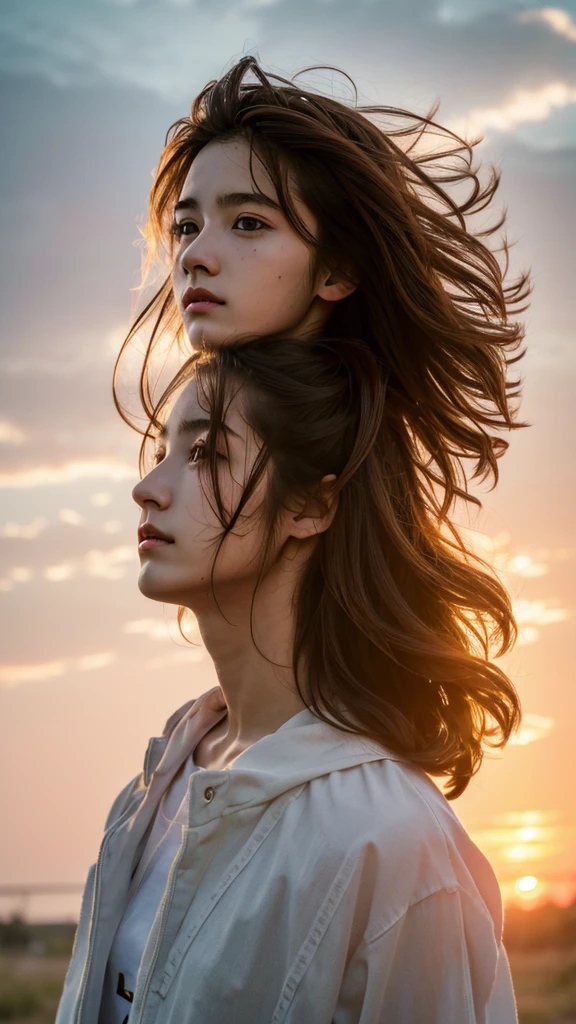 (masterpiece), (best quality), photography, 1girl, portrait, side look portrait, winning award photography, messy hair, windy, outdoor, sunset