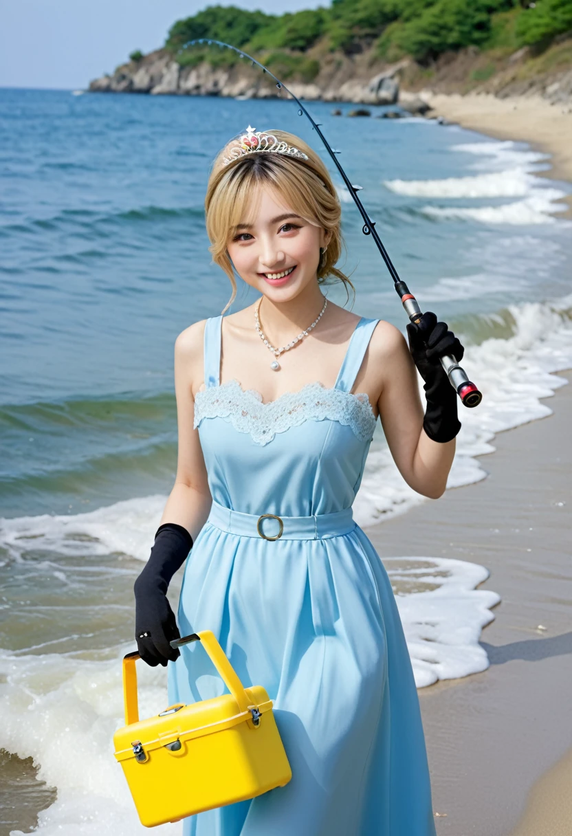 extremely detailed,1girl,japanese model, 28years old, 170cm, wearing lightblue dress and waders, gorgeous dress, black lace gloves,hapy smile,
A yellow cooler box is placed,shining tiara end neckrace,very beautiful,blond hair,she is holding a fishing rod　with a reel  and throwing a lure. Sea bass are jumping energetically in the sea, on a beach,
