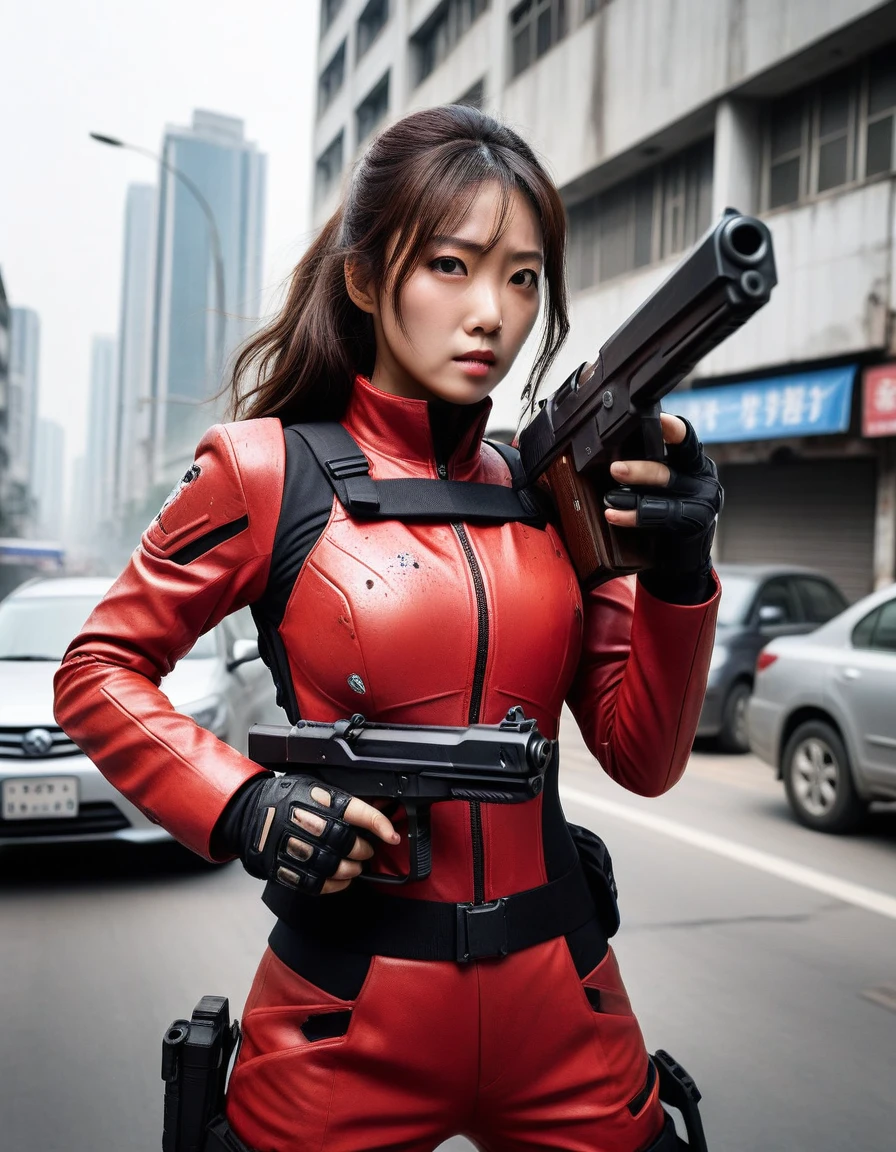 One Woman、Wearing a red combat suit、Dilapidated cityscape、Broken Vehicles、Pointing a gun at the viewer、Hold the pistol in both hands、Being pursued by the enemy、Precise facial structure、Long Hair、Sweat is running down my forehead、fear、Heavy breathing、The moment of the shooting、high resolution、high quality、Elaborate human body structure、Five fingers on a hand、Smoke is rising、Dust is flying、