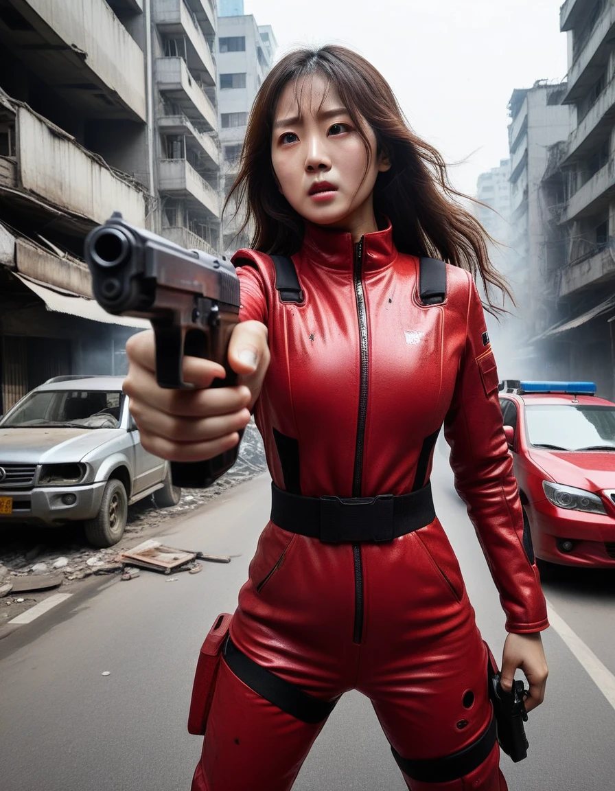 One Woman、Wearing a red combat suit、Dilapidated cityscape、Broken Vehicles、Pointing a gun at the viewer、Hold the pistol in both hands、Being pursued by the enemy、Precise facial structure、Long Hair、Sweat is running down my forehead、fear、Heavy breathing、The moment of the shooting、high resolution、high quality、Elaborate human body structure、Five fingers on a hand、Smoke is rising、Dust is flying、