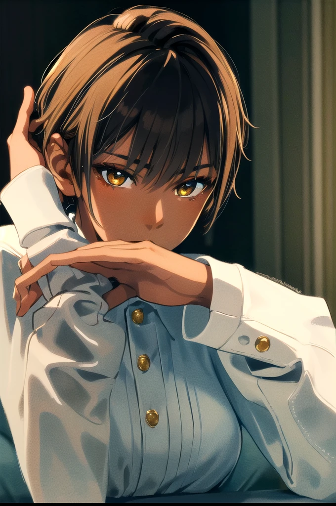 solo, best quality, masterpiece, extremely detailed CG, extremely detailed 8K wallpaper, extremely detailed character, (an extremely delicate and beautiful portrait), portrait, solo, sharp focus, dark skinned tomboy girl with (((sides shaved))) head, black hair, yellow eyes, detailed close-up portrait, head rest pose