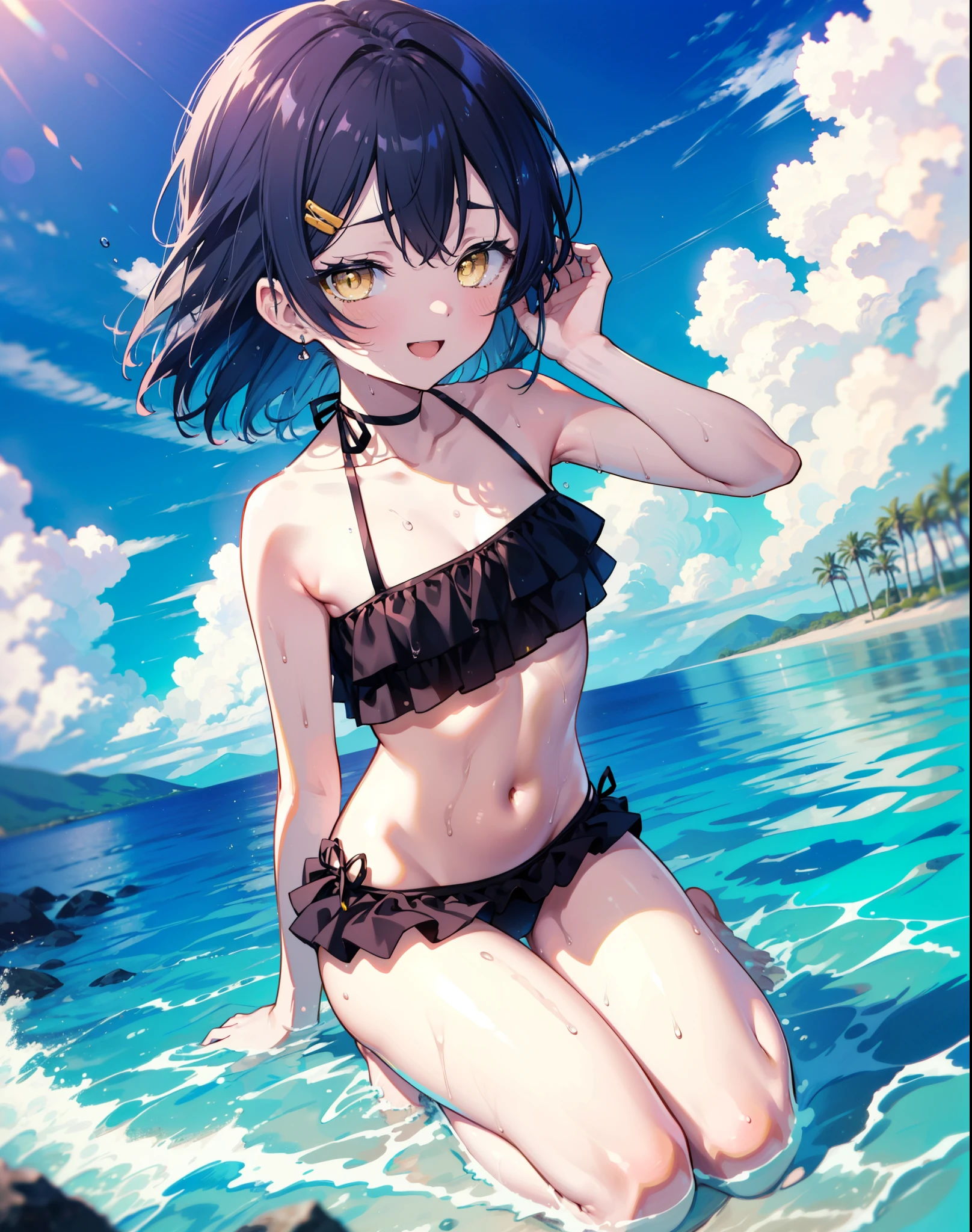 Umi Sonoda, Long Hair, Blue Hair, (Yellow Eyes:1.5) (Flat Chest:1.2),,happy smile, smile, Open your mouth,Black bikini swimsuit with frills,barefoot,Water Play,True Summer,Clear skies,Daytime,Wet swimsuit,Wet Skin,Wet Hair, break looking at viewer, whole body, break outdoors,Beach, break (masterpiece:1.2), Highest quality, High resolution, unity 8k wallpaper, (shape:0.8), (Beautiful and beautiful eyes:1.6), Highly detailed face, Perfect lighting, Highly detailed CG, (Perfect hands, Perfect Anatomy),