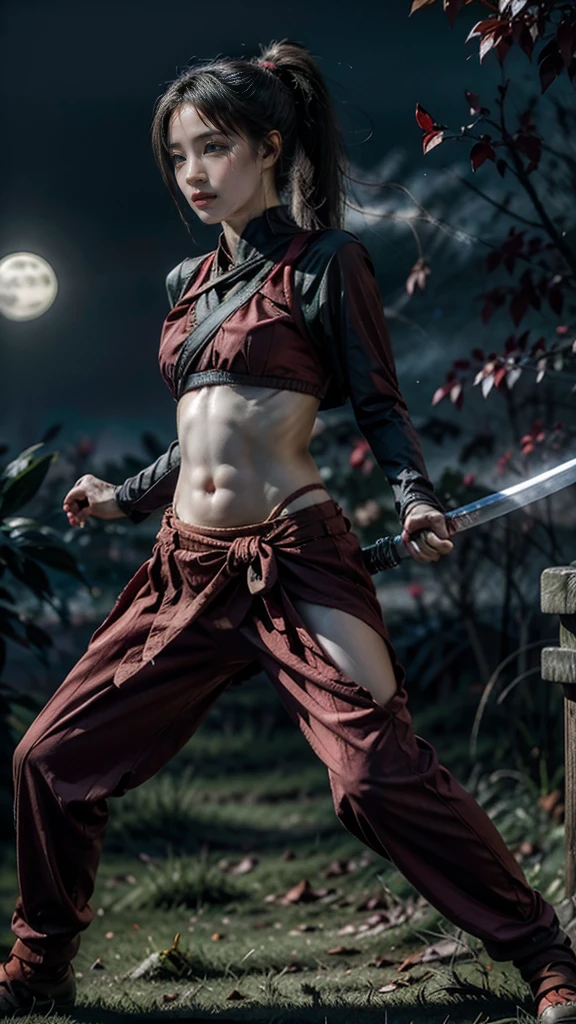 Moisturized skin, (red eyes), realistic body, (adult female body), heartless,
BREAK,
bright red lipstick, (beautiful navel),
BREAK,
(folded ponytail: 1.2),
BREAK,
((masterpiece + highest quality + high resolution + highly detailed)), (full body: 1.2), symmetrical, one shot,
BREAK,
(leaves fluttering), (wind blowing), (battle stance: 1.4),
BREAK,
(large Japanese sword), ninja outfit, night, full moon, assassination, sexy,