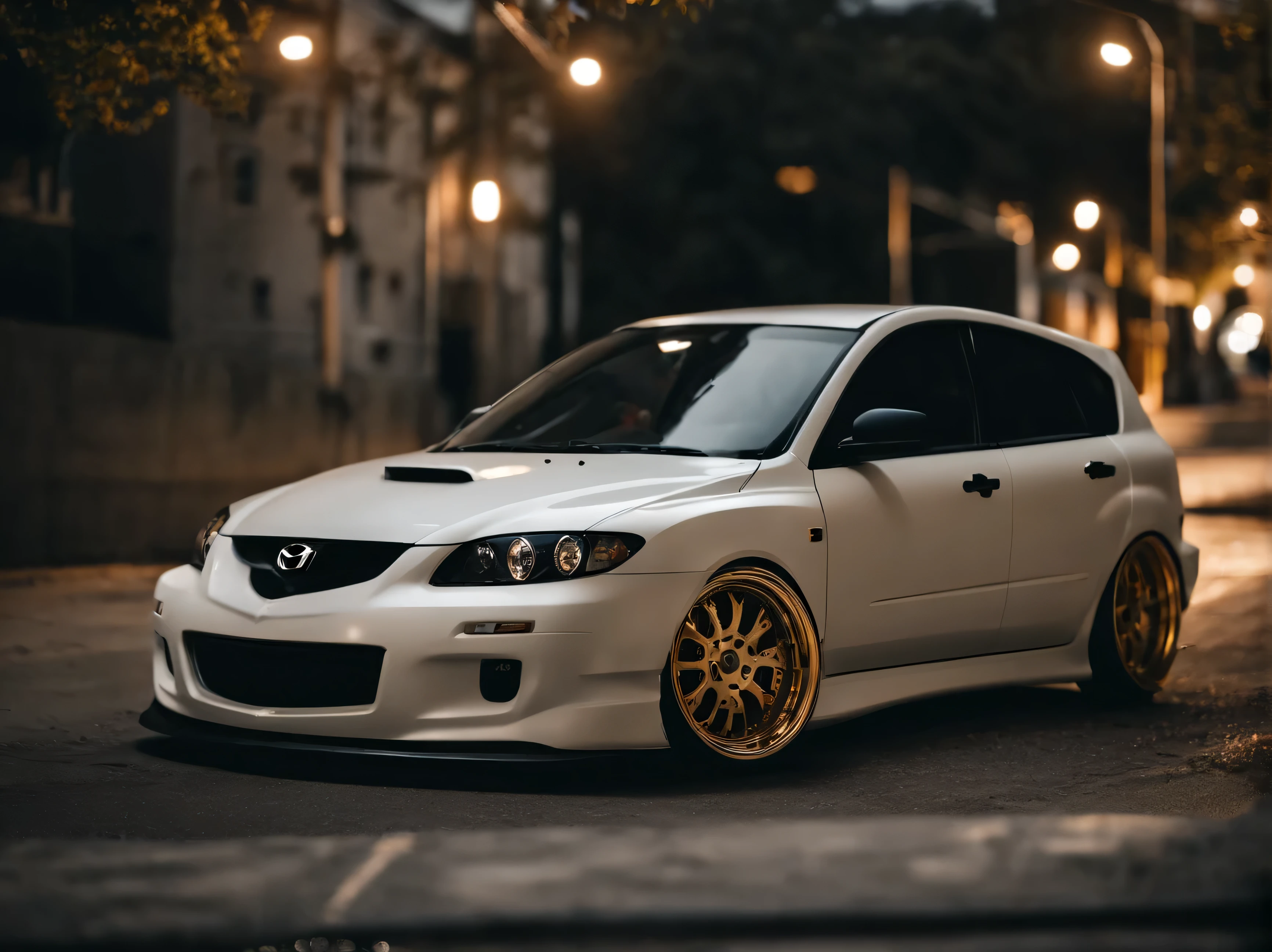 Modified '05 off white mazda 3 hatchback,  slammed on deep dish gold Daytons wheels highly detailed 4k resolution 8k high quality highly detailed 