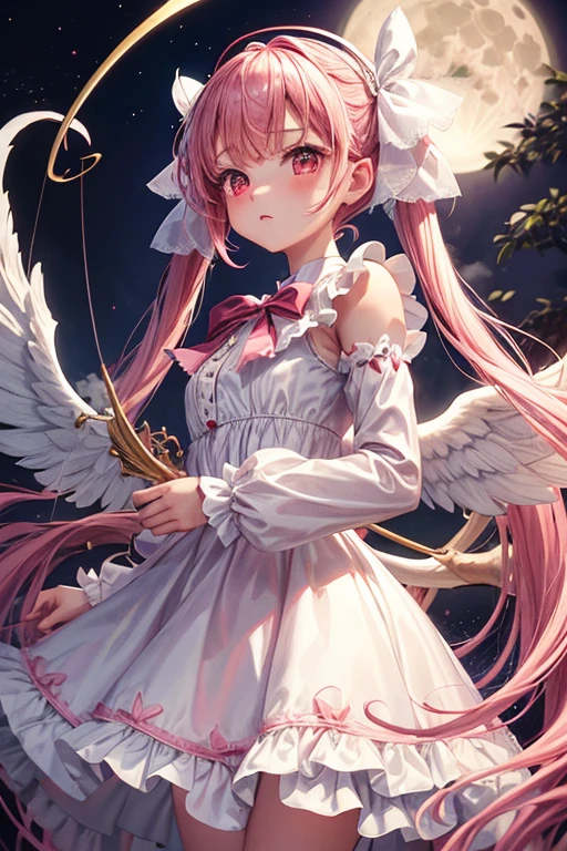 One Girl,Long sleeve,White ta Dress,One-piece with big ribbon,Angel,Cupid,Very Long,Pale pink twin tails,big tail,Deep pink eyes,blush,Grim expression,Small ,I have a bow and arrow,Shooting a bow and arrow,Red full moon
