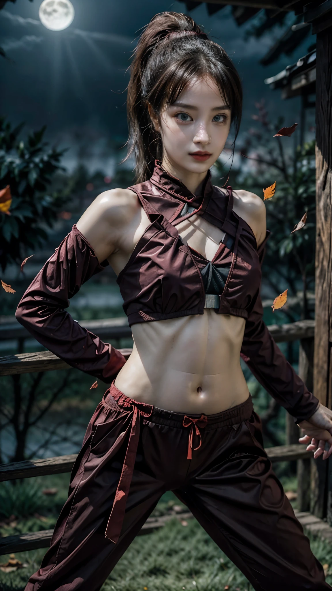 Moisturized skin, (red eyes), realistic body, (adult female body), heartless,
BREAK,
bright red lipstick, (beautiful navel),
BREAK,
(folded ponytail: 1.2),
BREAK,
((masterpiece + highest quality + high resolution + highly detailed)), (full body: 1.2), symmetrical, one shot,
BREAK,
(leaves fluttering), (wind blowing), (battle stance: 1.4),
BREAK,
(large Japanese sword), ninja outfit, night, full moon, assassination, sexy,