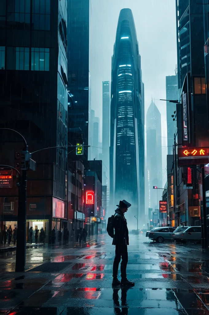 A cool-looking man stands in a rain-drenched landscape that looks like a futuristic city.