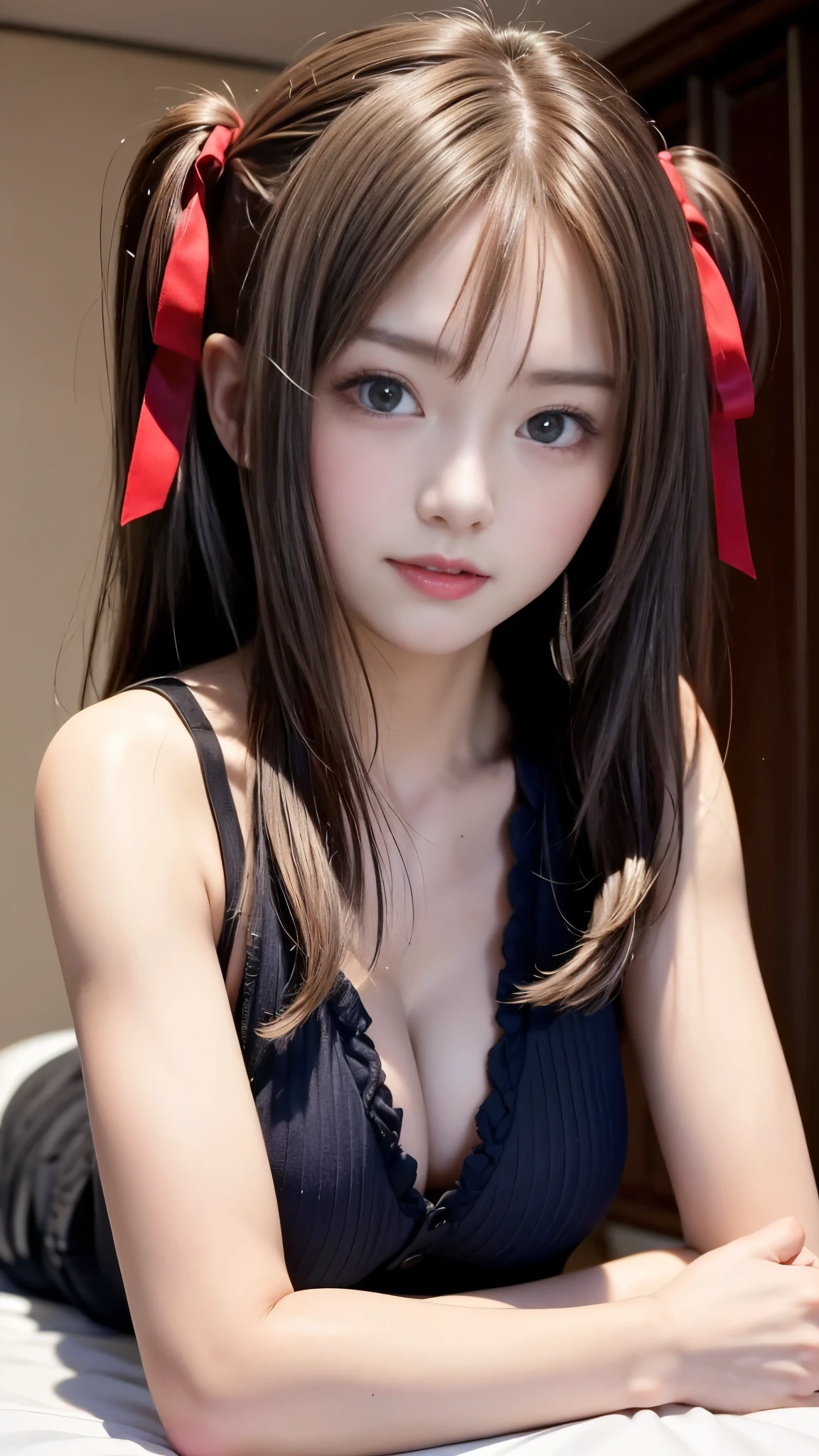 (((A beautiful 、A single photo、from the front、Lying in bed and staring at the opposite sex to seduce:1.2、Lying face down with arms folded:1.3)))、blush、((Cute appearance々I see colorful clothes:1.4))、((Detailed eyes and face:1.2、Professional photography techniques))、(Correct hands and arms:1.2)、((Face and bust portrait:1.2))、(Detailed arms:1.4)、(Proper prone position:1.2)、Twin tails、ribbon、Beautiful breasts、Cleavage