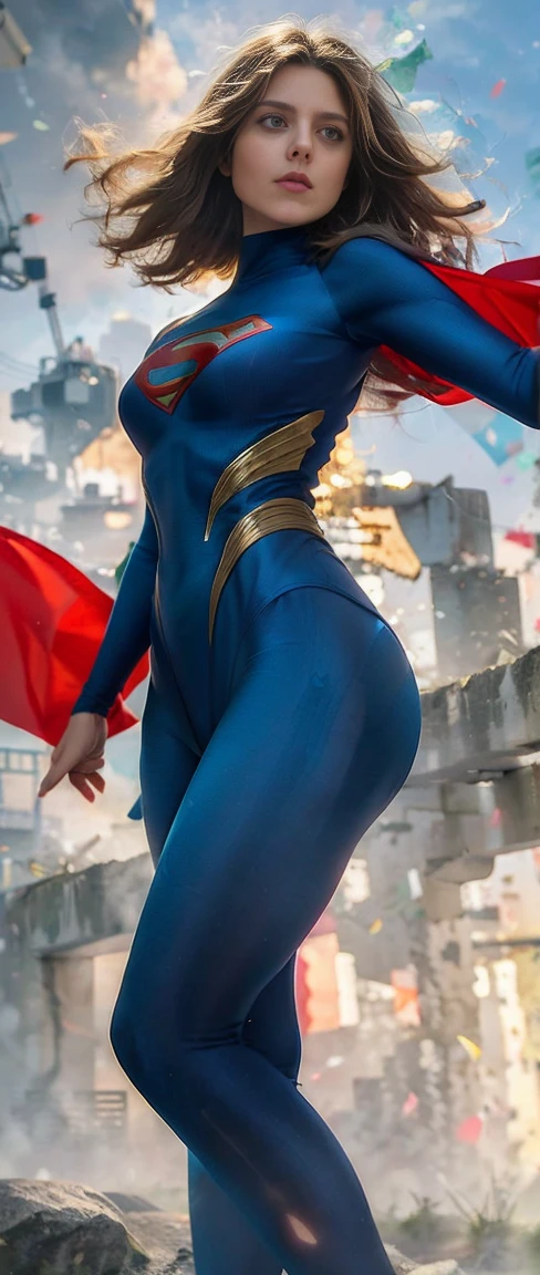 Roro, supergirl suit, (((standing on top of a multicolor striped flag:1.2))), beautiful detailed eyes, beautiful detailed lips, extremely detailed eyes and face, long eyelashes, detailed muscular body, heroic pose, flying high in the sky, dramatic lighting, dynamic action, cinematic composition, epic sci-fi landscape, glowing energy aura, vibrant colors, photorealistic, 8k, masterpiece