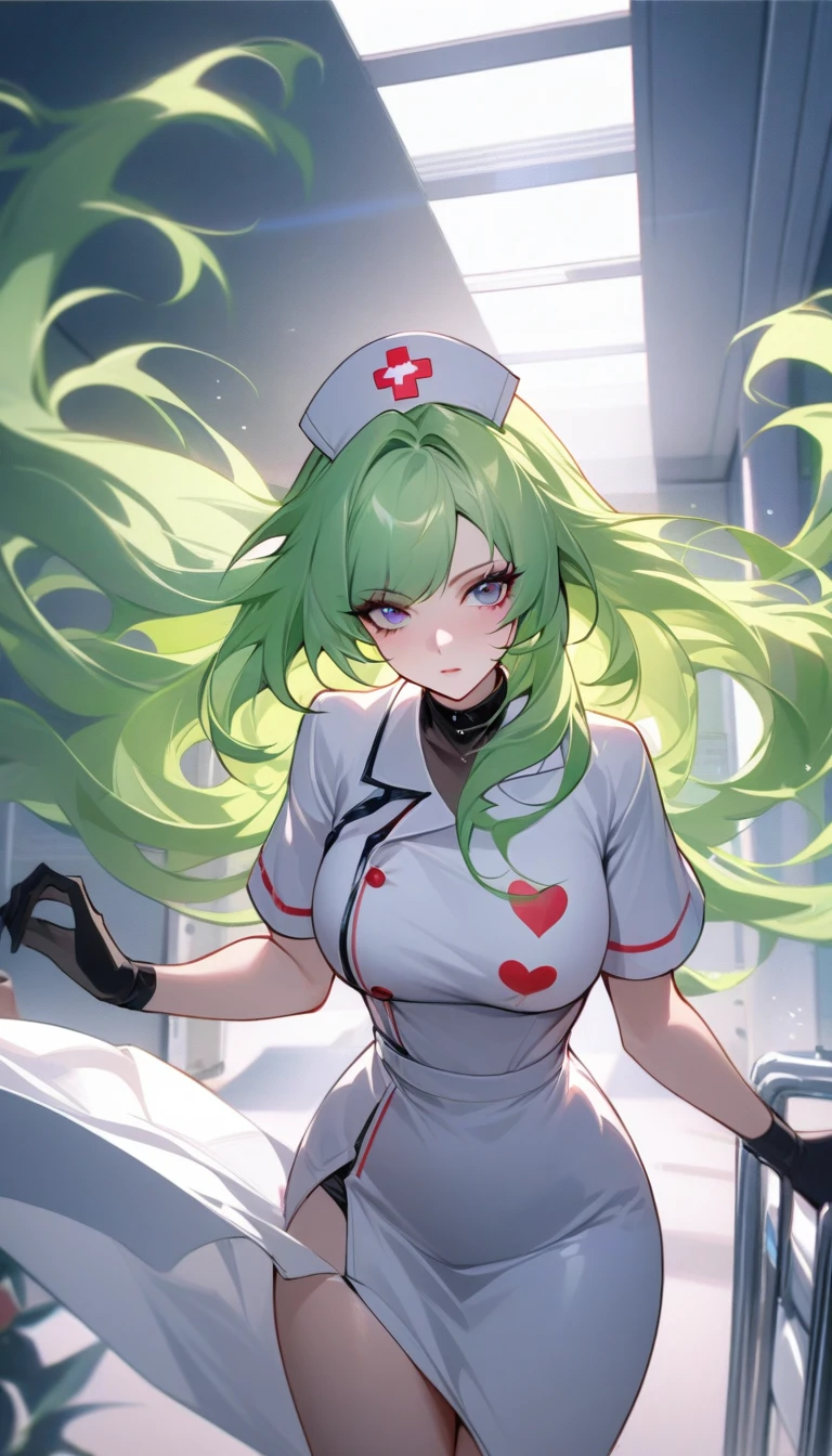 masterpiece, Highest quality, so beautiful, Absurd, throw, One girl, mature_Lady,nurse_Clothes, nurse_Have,heart,Have a huge syringe,indoor,At the hospital,,Can_Yue_(Too_Xing_jiuYue_Thien), green_hair,Expressionless, floating_hair, length_hair, bandage_that's all_One_eye, ,floating_Clothes,