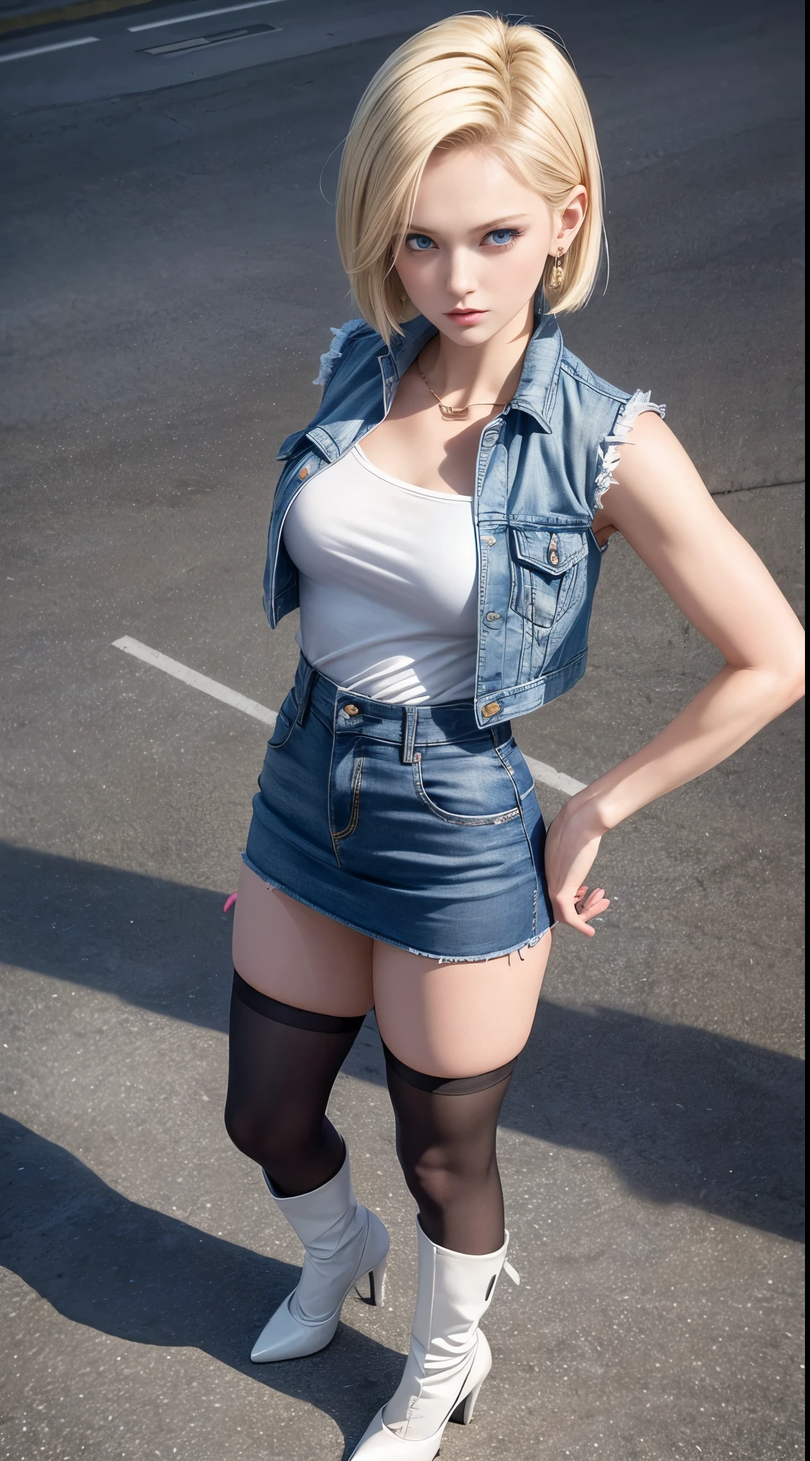 Best quality, high resolution, Y18, 1 girl in, Android 18, Alone, by blonde, Blue eyes, short hair, earrings, jewelry, Short-sleeved denim vest, open vest, black stockings, White miniskirt, sexy heels, medium breasts , street, (full body shots)