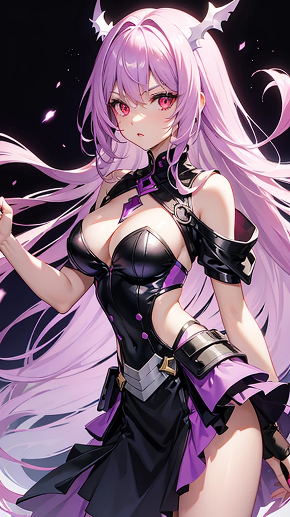 light skin girl, red eyes, lilac hair. super details, with a heroine costume with black and neon purple details. with a serious look