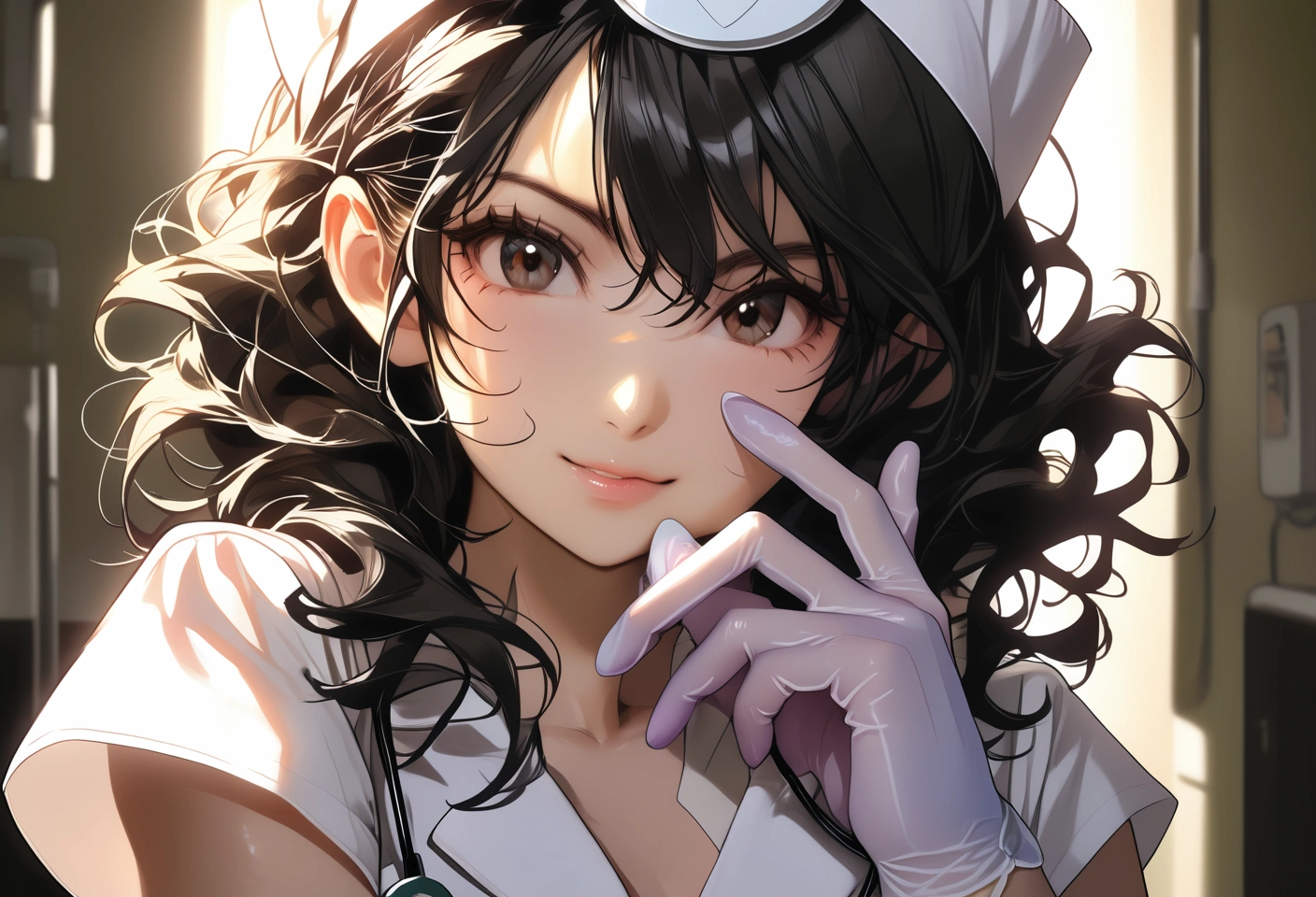 26 y.o sexy nurse, putting on rubber gloves, detailed eyes, natural skin, hard shadow.
