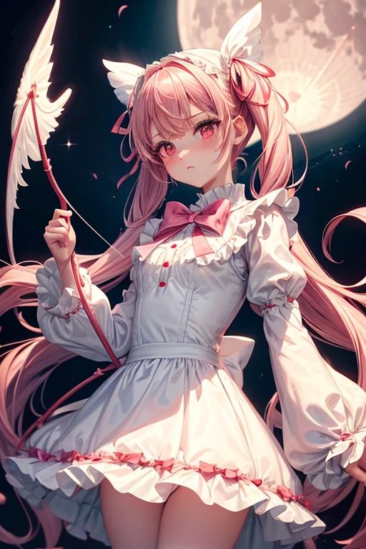 One Girl,Long sleeve,White Lolita Dress,One-piece with big ribbon,Angel,Cupid,Very Long,Pale pink twin tails,big tail,Deep pink eyes,blush,Grim expression,Small ,I have a bow and arrow,Shooting a bow and arrow,Red full moon,Dancing Girl