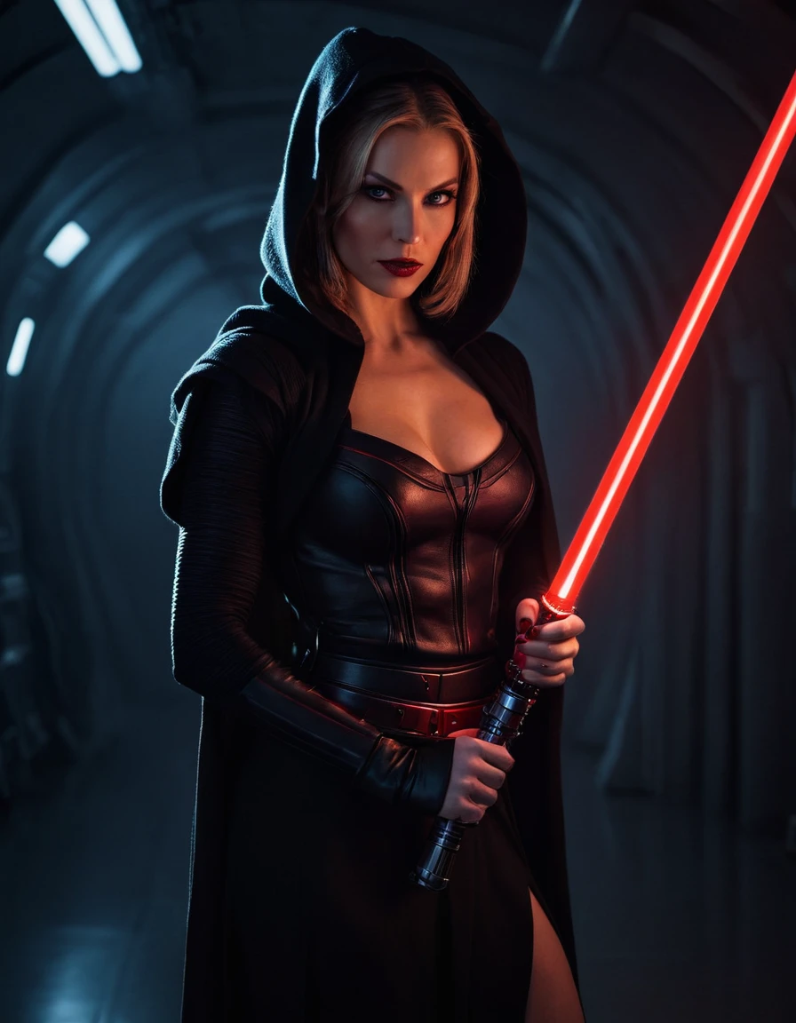 professional photograph of a 31 year old model, by Peter Hegre, photography studio,__perspective__, beautiful evil slavic muscular woman, pale skin, long hair, Sith Lord, cute face, red skin, fit body, holding one red light saber in her hand, wearing a black crop top with a hood:1.4, black skirt, darth talon:0.7, at the starship, cozy, Star Wars, j j abrams, photorealistic, sharp focus, depth of field, vogue magazine, fashion photo, cinematic lighting, rim light, cozy:1.2, neon