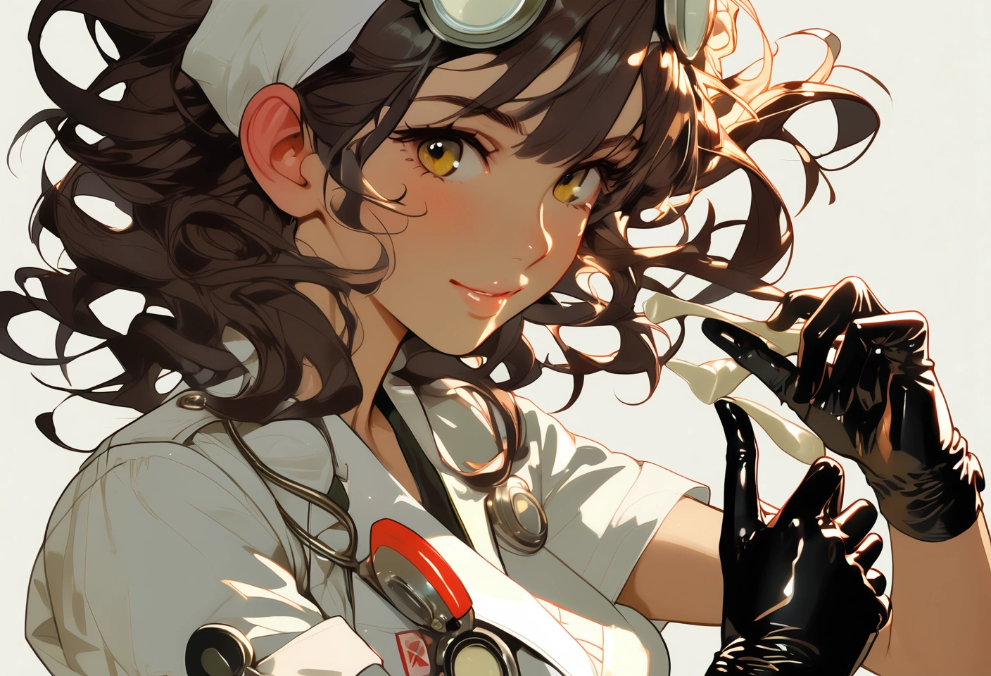 Digital artwork. 26 y.o sexy nurse, putting on rubber gloves, detailed eyes, natural skin, hard shadow. Style by J.C. Leyendecker. Style by Makoto Shinkai