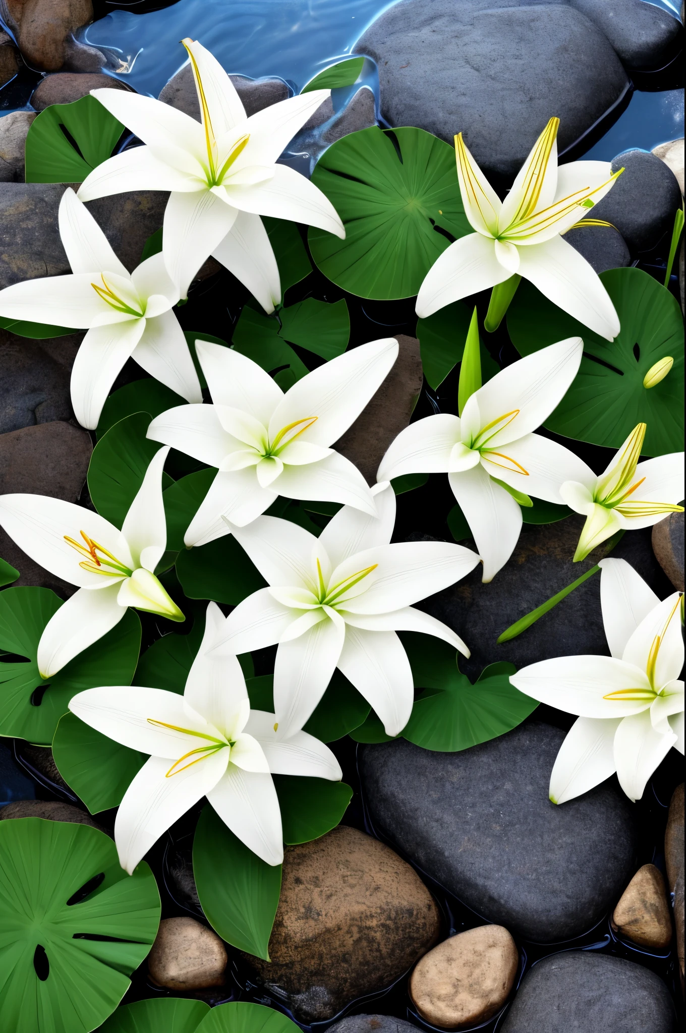 there are some white flowers in the water near some rocks, a digital rendering by Elizabeth Durack, pixabay, hurufiyya, hymenocallis coronaria, spirited water plants, lily flowers, detailed white, white flowers, white lilies, flowers with very long petals, lillies, white flower, glowing veins of white, garis edelweiss