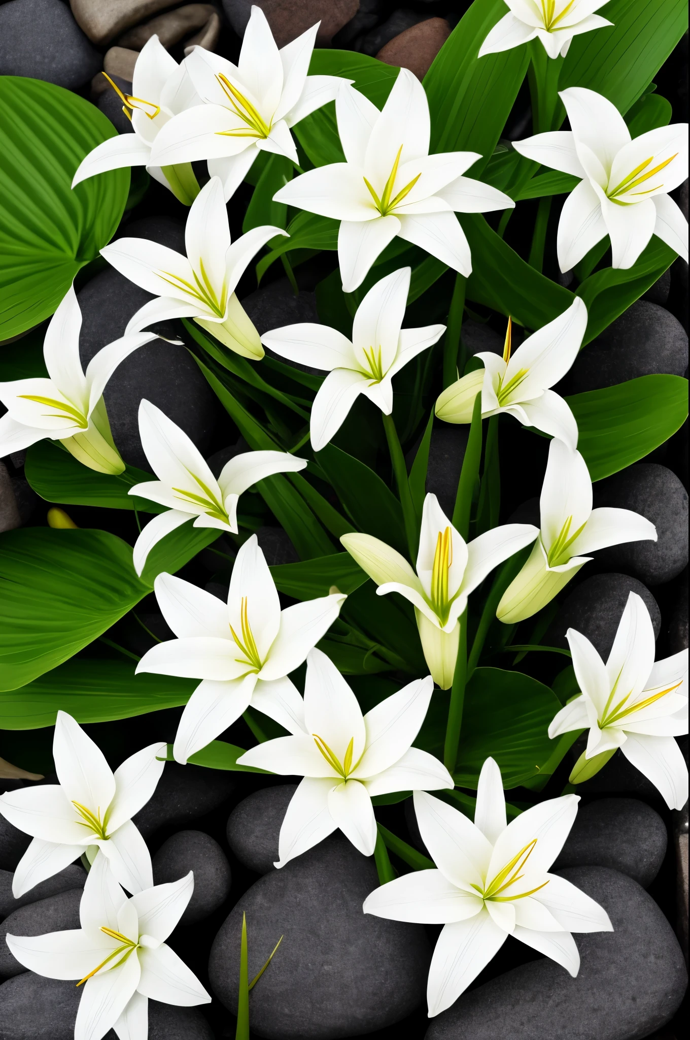 there are some white flowers in the water near some rocks, a digital rendering by Elizabeth Durack, pixabay, hurufiyya, hymenocallis coronaria, spirited water plants, lily flowers, detailed white, white flowers, white lilies, flowers with very long petals, lillies, white flower, glowing veins of white, garis edelweiss