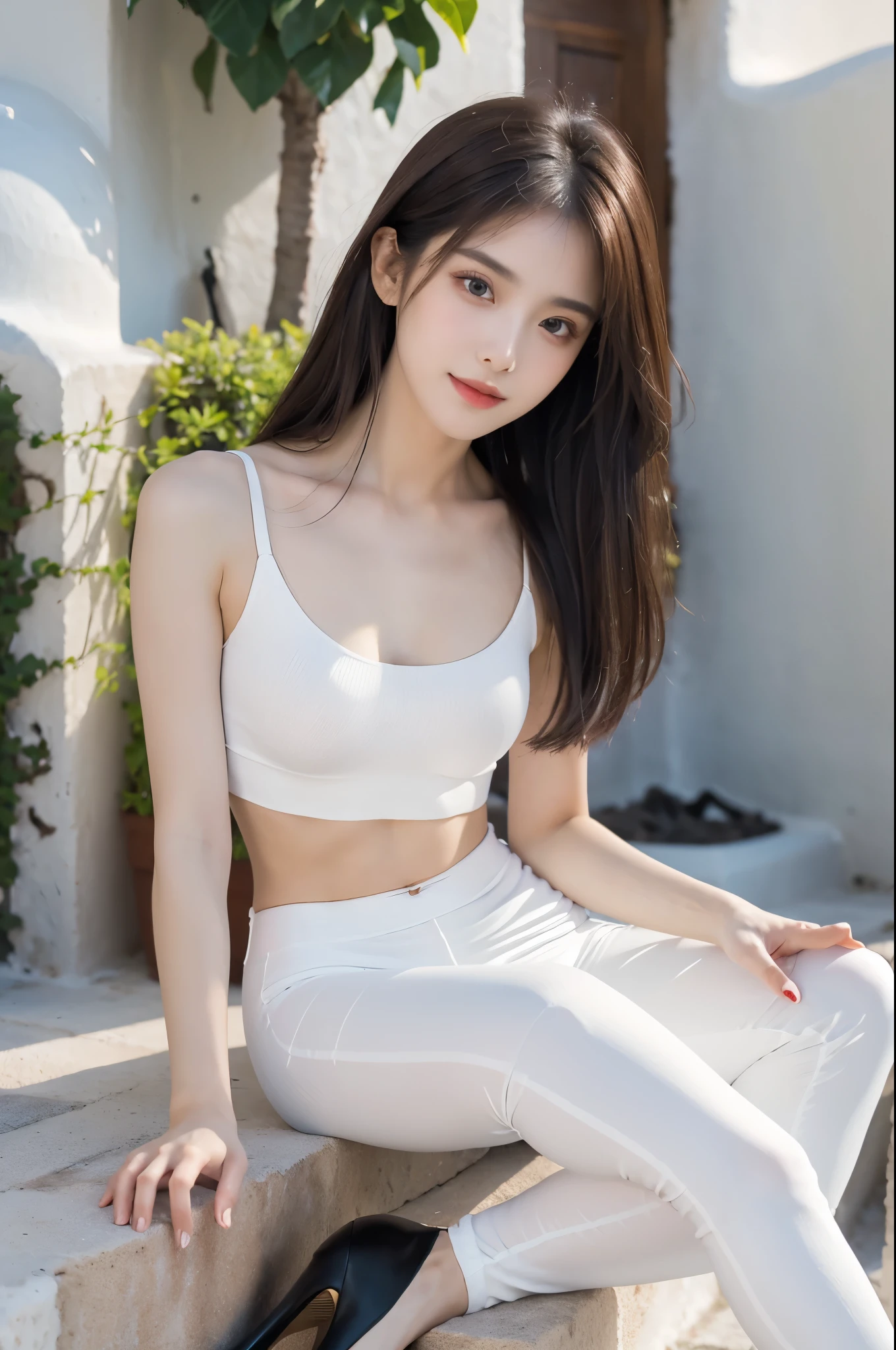 masterpiece, The best quality, Ultra-high resolution, High detail photo, Unity 8K Wallpaper, Extremely detailed CG:1.2), depth of field, (bokeh:1.3), (RAW photo:1.realistic photography:1.4), (1girl:1.5), young, physically based representation, beautiful, (Finely detailed face:1.4, detailed clothing), (detailed:1.4) named (Eimi Fukada:1.1) BREAK Cara hermosa, depth of field, Add layer, hyperrealistic, 27 years old, perfect body model, perfect breasts, 175cm tall, pose sexy, full body, Whole body, Model Body Type, BREAK (extreme skin details:1.1), skin details, (tight white crop top:1.3), (black denin pants:1.5), (black high heels:1.3), double eyelid BREAK smile, seductive pose, sitting, sitting outside, sitting on the sidewalk, Santorini house, outdoor, Mediterranean style, (santorini:1.3), (close up:1.3), 
